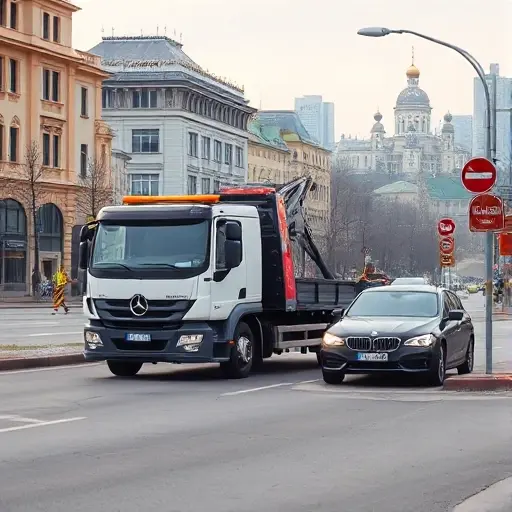 A realistic scene of a modern tow truck in Moscow, positioned near a recognizable but generic city street with typical Russian architecture and traffic signs, assisting a stranded car. The background shows a hint of Moscow skyline with recognizable building silhouettes, but no visible text, logos, or signage. The focus is on the tow truck, the driver helping, and the urban environment, conveying reliable vehicle recovery service in the city.