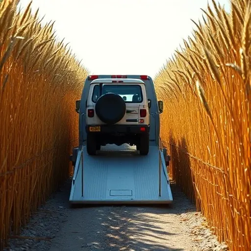 A realistic smallHQ style scene showing a tow truck (evacuator) in a narrow alley lined with golden wheat stalks, partially loading a small vehicle onto its platform under bright daylight, with no text, signs, or people visible.