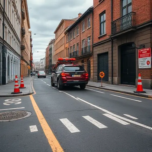 A realistic scene of a tow truck working on a narrow historic alley called Bolshoy Kazyonny Lane, showing traffic flow and parking restriction zones with painted road markings, safety cones, and a car being towed, under a cloudy urban sky, captured in smallHQ style