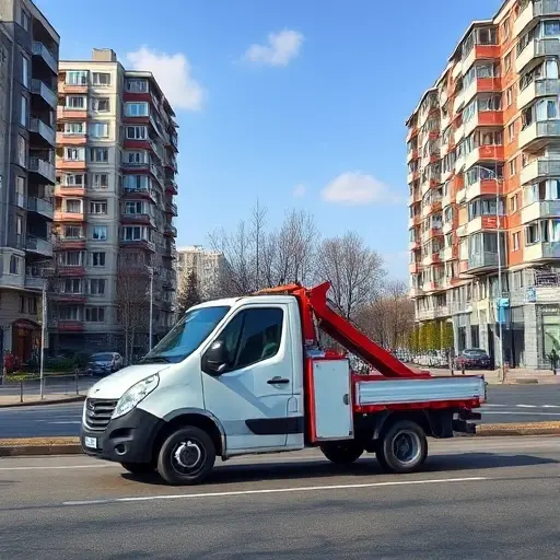 Эвакуатор Москва: Недорого, ЮВАО, Рядом со мной – Полный План Статьи A realistic scene of a compact tow truck in Moscow's South-Eastern district, positioned near residential apartment blocks and a city street, with a subtle map-like overlay indicating a route without any letters or numbers, under a clear sky