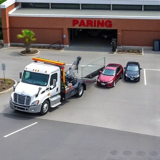 забрали на эвакуаторе на штрафстоянку A tow truck pulling a car toward a parking lot, with a clear view of the parking lot entrance and a few parked cars, all in a realistic style, no text or symbols