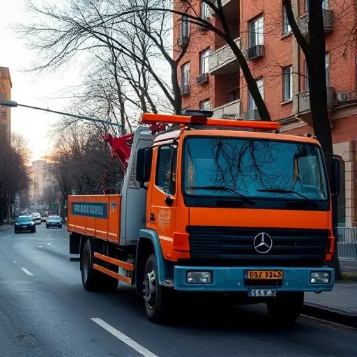 Эвакуатор в районе Хорошёвский: Полное руководство A realistic tow truck parked on a quiet street in the Khoroševsky district, with nearby city buildings, trees, and a subtle reflection of the sky on the truck's windows. The scene should capture the atmosphere of a typical Moscow neighborhood, focusing on the tow truck's details and the surrounding urban environment.