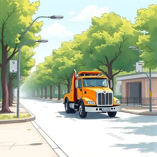 A realistic illustration of a tow truck positioned on a quiet urban street called 2nd Botanicheskaya Drive, surrounded by trees and a modest building, under a clear sky, in the smallHQ style