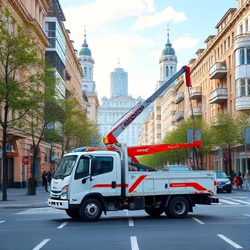 A realistic smallHQ style illustration of a tow truck (evacuator) driving through a typical Moscow street in the Savelo district, featuring characteristic Russian buildings, trees, and cityscape under a clear sky. The tow truck is the central focus, showing its ladder and hook, with no people or textual elements in the scene.
