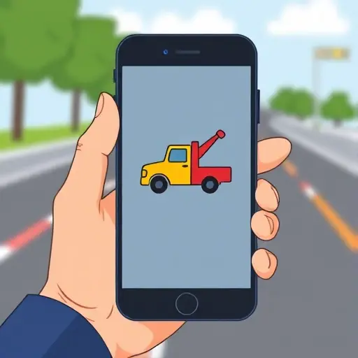A smartphone held in a hand, screen showing a stylized tow truck icon and a small price tag symbol, set against a blurred road background, all in a clean, modern illustration style