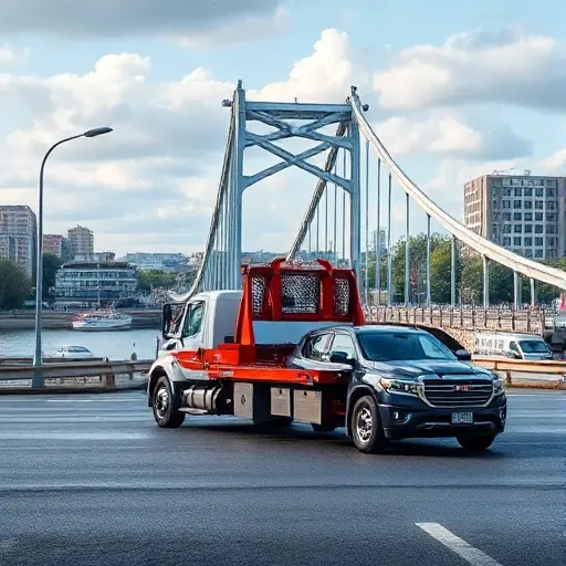 A realistic depiction of a tow truck parked on Bagration Bridge, with a car being towed, showcasing the bridge's architectural details and surrounding urban scenery, all rendered in a detailed, high-resolution style.