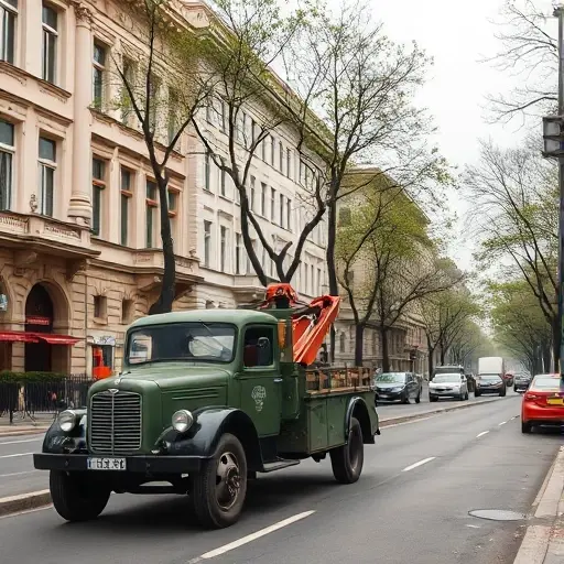 A realistic tow truck (evacuator) parked on a bustling urban street in Moscow, with typical early 20th‑century architecture, trees lining the sidewalk, and a subtle hint of traffic, without any visible street signs, numbers, or written text.