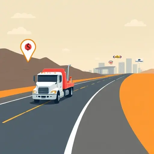 A stylized illustration of a tow truck driving along a highway between two cities, with a subtle map background showing road routes, a floating price tag icon, and abstract representations of company logos in the distance, all rendered in a clean, minimalistic style