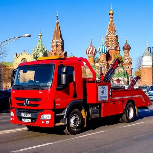 A bright red tow truck parked on a city street in Moscow, with the Kremlin and St. Basil's Cathedral visible in the background, under a clear blue sky, no people or other vehicles.
