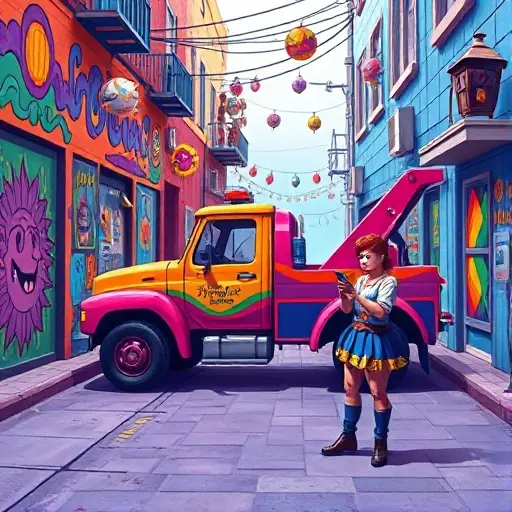 Эвакуатор на Аллее Творчества: Руководство по Вызову и Заказу A vibrant, stylized tow truck parked in a colorful alley lined with murals and artistic installations. The scene includes a person in creative attire holding a phone or tablet, indicating a call or order being placed. The atmosphere is lively and imaginative, with bright colors and whimsical details, but no visible text or lettering in the image.