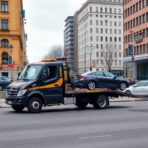 A realistic scene of a tow truck parked on Bolshaya Cheremushkinskaya Street, towing a car, with city buildings, street signage, and a subtle price tag or cost indicator in the background, no visible text or numbers.