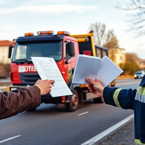 A realistic scene of a tow truck (эвакуатор) operating on a road near Moscow, with a slightly damaged car being loaded onto the truck. In the foreground, a person in a uniform is handing over a stack of blank documents to the driver, emphasizing the paperwork needed after an accident, without any visible text, letters, or numbers. The background shows typical Moscow suburban architecture and trees, under a clear sky, captured in the smallHQ style.