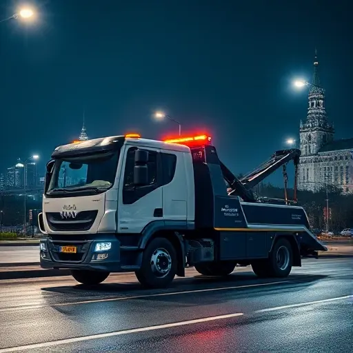 A modern 24‑hour tow truck parked on a Moscow street at night, illuminated by streetlights, with the Moscow skyline in the background. The truck should be in a dynamic pose, with a visible tow hook and a subtle glow from its headlights. The scene conveys readiness and professionalism, with a subtle reflection on wet asphalt.