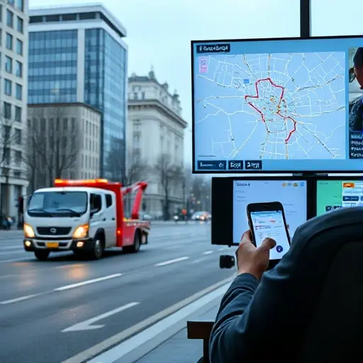 A realistic scene showing a Moscow city street with a tow truck (evakuator) beside a vehicle, while in a modern dispatcher control room a person holds a phone and looks at a digital map of Moscow on a screen, conveying a call for assistance and vehicle information, without any text or logos in the image.