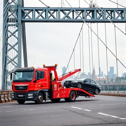 A tow truck parked on the Aminyevsky Bridge, with a car being towed, the bridge’s steel structure and cables clearly visible, a city skyline in the background, no text, letters, digits, logos, people or animals in the foreground