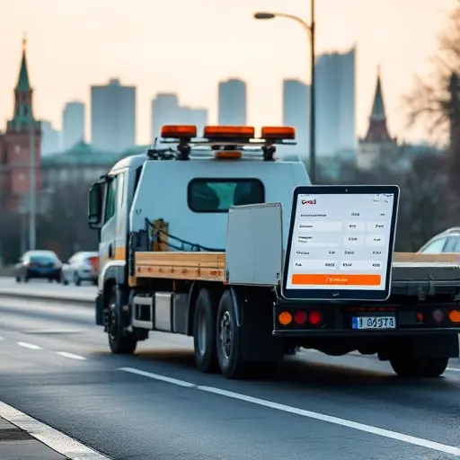 A realistic tow truck parked on a city street in Rostokino, Moscow, with a digital tablet or smartphone displaying an online cost calculator interface, set against a subtle Moscow skyline background, no text or lettering visible