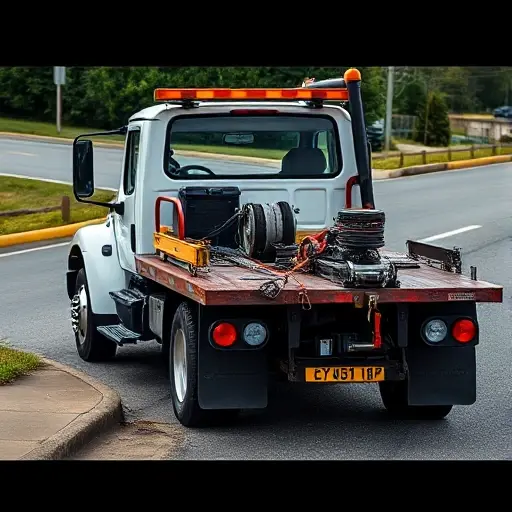 A tow truck parked on a roadside, its cab and winch visible, with a clear view of the vehicle, in a realistic style, no text or people