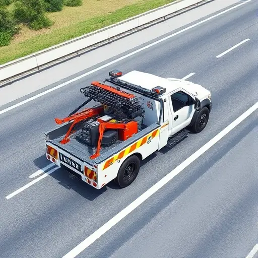 Эвакуатор на 4-й Дорожном проезде: Полное руководство A detailed illustration of a tow truck (evacuator) positioned on a four-lane road, showing the vehicle from a side angle with the road surface, markings, and surrounding environment, emphasizing the mechanics and equipment of the tow truck, in a realistic yet compact high-quality style