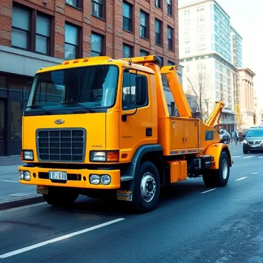 A bright-colored tow truck parked on a city street, with a clear view of its cab and wheels, no text or symbols, in a realistic style
