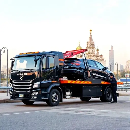 A professional tow truck with a sleek, modern design parked in front of a recognizable landmark in Yoshkar‑Ola, with a friendly tow crew in uniform gently lifting a stranded vehicle onto the truck’s platform. The background shows a clear sky and subtle cityscape, emphasizing safety and efficiency. No text or signage in the image.
