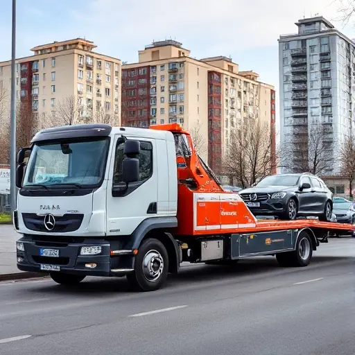 A modern tow truck parked on a Moscow street in Medvedkovo, with a car being towed, city buildings in the background, clear sky, no text or lettering