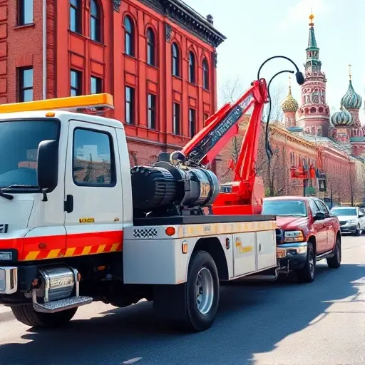 A detailed illustration of a modern tow truck equipped with a powerful winch, positioned on a Moscow street with recognizable city architecture such as a red brick building and a hint of the Moscow skyline. The scene shows the winch cable extending toward a stalled vehicle, emphasizing the functionality of the winch. The atmosphere is bright daylight, with realistic lighting and shadows, focusing on the vehicle and equipment without any text or logos.