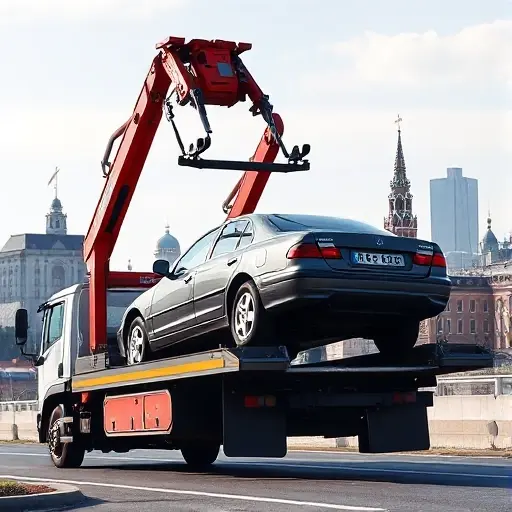 A realistic scene of a tow truck in Moscow lifting a sedan onto its platform, with the city's recognizable skyline and architecture in the background, under a clear sky. The focus is on the tow truck and the vehicle being rescued, showing the mechanics of the lift without any text, letters, or numbers visible.