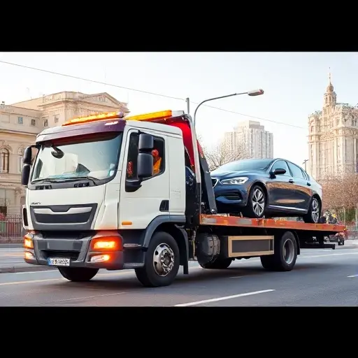 A modern tow truck parked on a clean, well‑lit street in the South‑West district of Moscow, with a cityscape background showing recognizable Moscow architecture. The scene conveys reliability, speed, and safety: the truck is equipped with bright safety lights, a friendly driver is visible through the window, and a smoothly running car is being gently lifted onto the truck's platform. The atmosphere is bright and professional, emphasizing the convenience and peace of mind of ordering a tow service in this area.