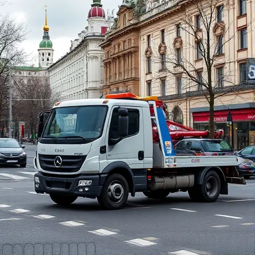 A modern tow truck parked on a busy Moscow street in the Kuntsevo district, with iconic Moscow architecture in the background, no text or signage visible