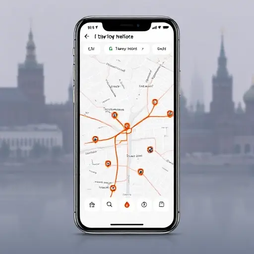 A modern smartphone screen showing a map of Moscow with highlighted routes and small icons of tow trucks moving along the streets, surrounded by subtle silhouettes of Moscow skyscrapers and the Kremlin in the background, conveying a digital app for ordering tow services in the city, with a clean, professional UI layout and a sense of bustling urban activity