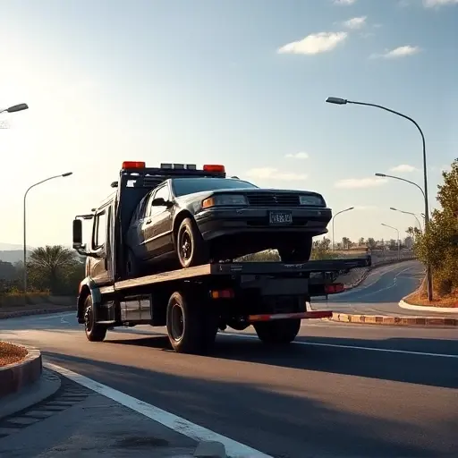 A realistic scene of a tow truck (evacuator) on a winding alley and a main road, fully loaded with a broken-down vehicle on its platform, set against a bright daytime sky with subtle shadows, showing the tow truck's detailed body, wheels, and equipment, with the surrounding environment featuring trees, streetlights, and a hint of a cityscape in the background. No text, letters, or digits should appear in the image.