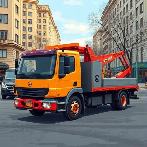 A realistic illustration of a fully loaded tow truck parked on Bogucharskaya Street, showing the street environment with urban details, no people, no text or digits.