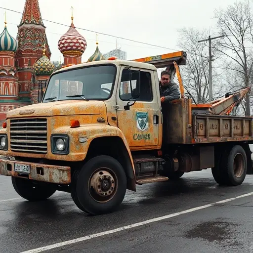 A worn-out tow truck parked on a Moscow street, its paint faded and peeling, one wheel visibly damaged, a driver in a cheap uniform looking frustrated, with iconic Moscow architecture such as St. Basil's Cathedral or the Kremlin subtly visible in the background, all rendered in a slightly gritty, low-quality aesthetic