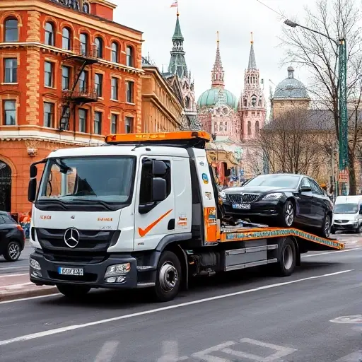 A modern tow truck parked on a busy street in the Basmanny district of Moscow, with a car being towed behind it. The background shows typical Moscow architecture, such as red-brick buildings and a hint of the Kremlin silhouette. The scene conveys reliability and professionalism, with the tow truck's equipment clearly visible, but no text, letters, or digits.