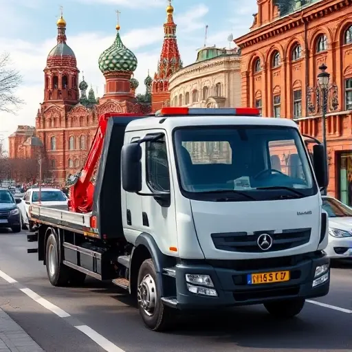 A modern tow truck (evacuator) parked on a busy Moscow street, with recognizable city elements such as the Kremlin dome and red brick buildings in the background, under a clear daytime sky. The scene conveys affordability and reliability, focusing on the vehicle and the urban setting without any text or logos.