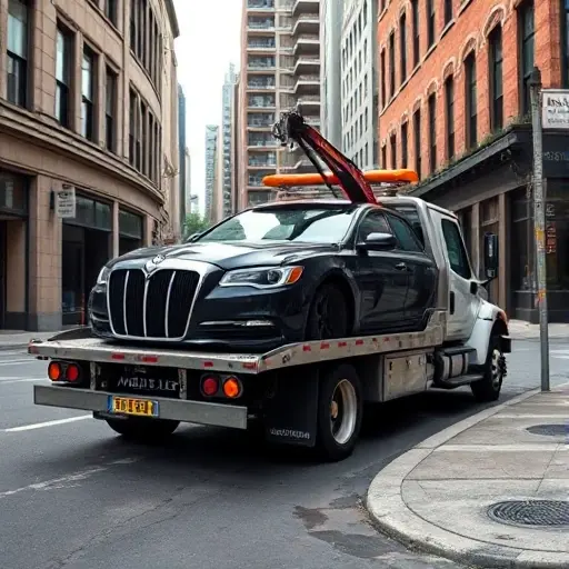 A realistic tow truck parked on a narrow city street called Ambulatory Lane, partially loaded with a car's front half on the truck bed, surrounded by urban scenery, no text or lettering