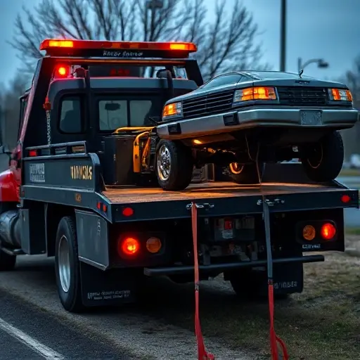 A tow truck equipped with a winch, parked on a roadside, with a visible winch cable attached to a small vehicle being lifted, realistic lighting, no text or numbers, no people