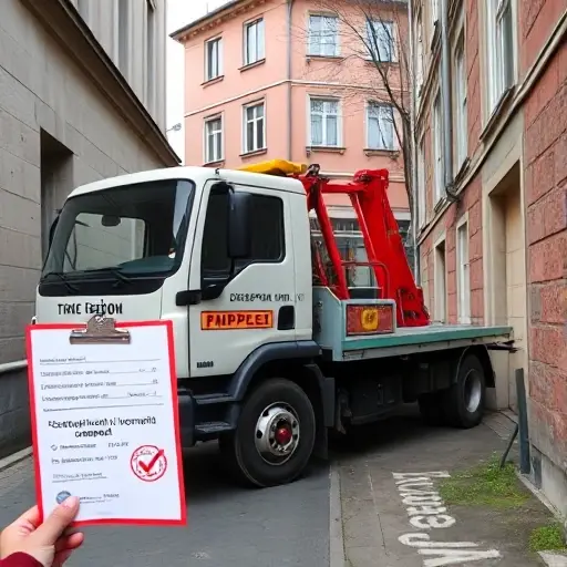 A tow truck parked in a narrow alley in the Amur region, with a visible company logo and a certificate badge indicating licensed status, a clipboard with a checkmark, and a backdrop of a Russian-style building.
