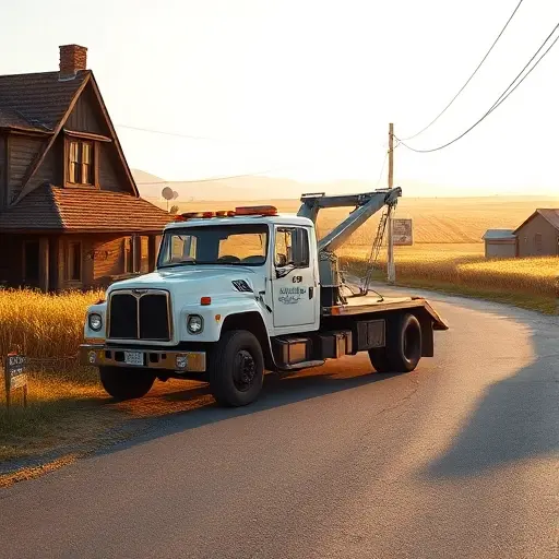 A realistic tow truck parked on a quiet street named Alley of Golden Sheaf, surrounded by golden wheat fields and a few rustic houses, soft morning light casting gentle shadows, the scene is calm and focused on the vehicle without any people or signage