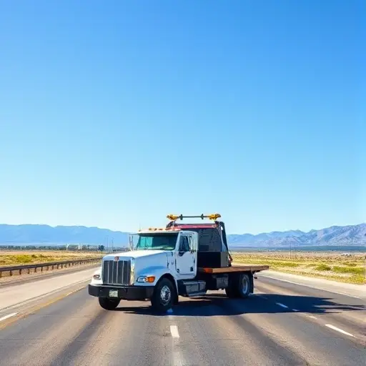A heavy-duty flatbed tow truck parked on a wide intercity highway with a clear blue sky and distant mountains, the vehicle prominently displayed in a realistic style, no text or numbers visible