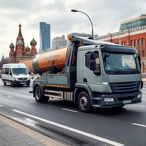 Эвакуатор по Москве: Цена и Доставка до Автосервиса – Полный План Статьи A modern tow truck parked on a Moscow street with the iconic Moscow skyline in the background, a delivery van in motion nearby, and a clear view of the truck’s side, all without any text, letters, or people