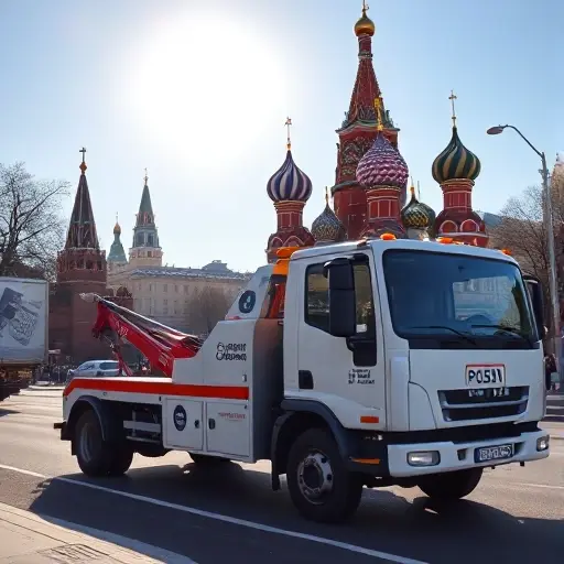 эвакуатор москва дешево рассчитать A tow truck parked on a Moscow street with the Red Square in the background, the truck has a calculator icon on its side, a bright sun, and a clear sky, all in a realistic style.