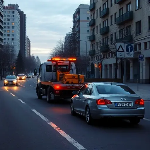 A realistic city street scene in the Medvedkovo district of Moscow showing a tow truck (evakuator) beside a damaged car on the roadside, with surrounding urban buildings and muted traffic signs, early evening lighting, the tow truck’s hook engaged with the car, no people, no text or numbers, no logos, no cartoon elements