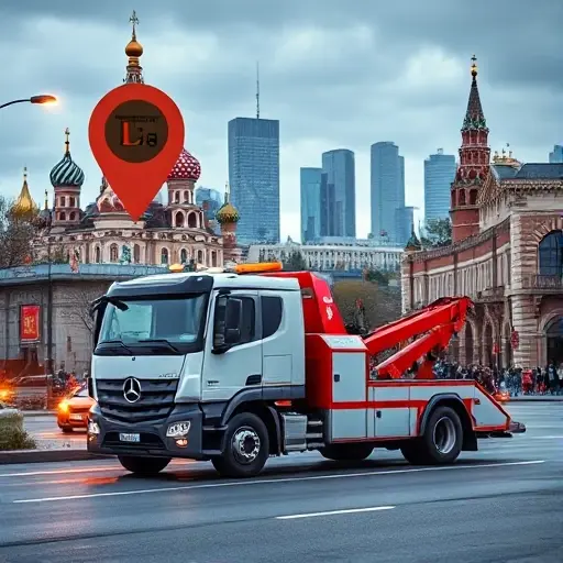 A modern tow truck positioned on a Moscow street near recognizable city landmarks, with a subtle map pin overlay indicating the location, and the Moscow skyline in the background; realistic lighting and colors, no text or signage