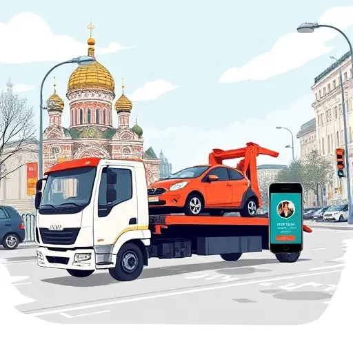 A modern tow truck pulling a small car onto its platform on a busy Moscow street, with recognizable Moscow architecture such as the Kremlin dome in the background and a subtle hint of a smartphone screen showing a generic app interface for calling a tow service, all rendered in a clean, detailed illustration style without any text or logos
