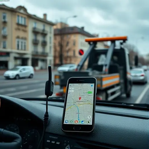 A realistic scene of a tow truck (evacuator) parked on a Moscow street near a lower-level residential area, with a dispatcher’s headset and a smartphone on the truck’s dashboard, showing a map of the city without any visible text or symbols. The background includes typical Moscow architecture, street signs blurred, and a cloudy sky, focusing on the vehicle and the communication equipment.