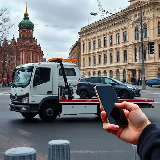 A realistic scene of a compact tow truck pulling a small passenger car onto a city street in Moscow, with recognizable Moscow architecture such as a historic building or the Moscow skyline in the background, and a subtle hint of a phone call (e.g., a hand holding a smartphone near the driver) without any visible text or logos.