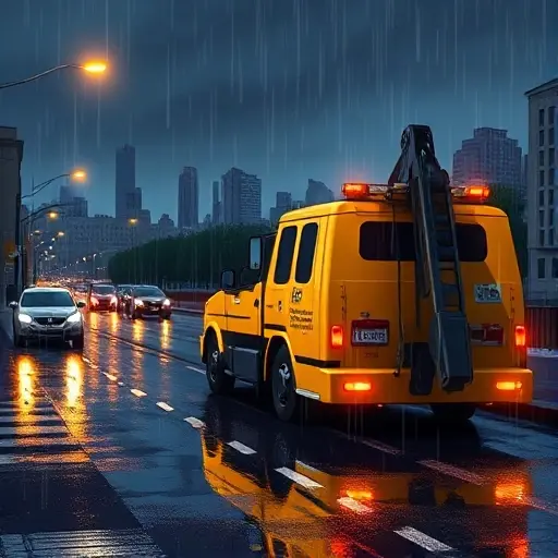 A realistic illustration of a modern tow truck parked on a Moscow street at night. The scene shows a rainy evening with wet asphalt reflecting streetlights and a few cars with broken windows. The tow truck is bright yellow, with a subtle logo but no visible text or lettering. The city skyline is visible in the background, and the lighting captures the contrast between the dark sky and the illuminated truck, emphasizing the urgency of nighttime tow service.