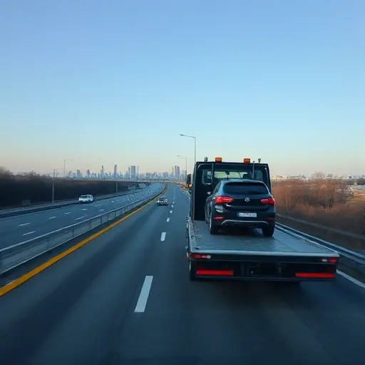 Эвакуатор Москва Волоколамское шоссе: Полное руководство A tow truck (evacuator) driving on Volokolamskoye Highway near Moscow, with the highway stretching into the distance, a subtle Moscow city skyline in the background, a car being towed on a flatbed, clear sky and surrounding trees, realistic lighting and perspective, no text or signage
