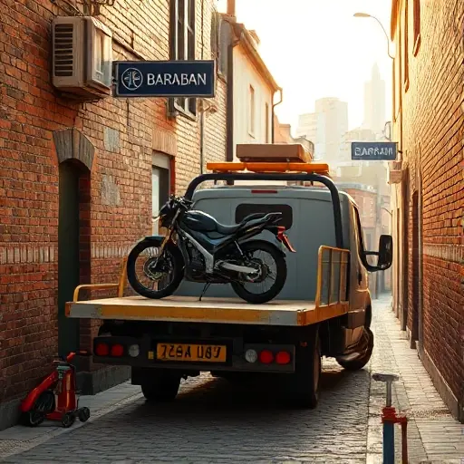 A realistic depiction of a tow truck parked on a narrow alley named Baraban Street, with a motorcycle being towed on its platform and a small piece of special equipment such as a hydraulic jack beside it. The scene shows the alley’s brick walls, cobblestone pavement, and a subtle hint of a city skyline in the background. Lighting is late afternoon with warm tones and soft shadows. No text, letters, digits, or signage should appear in the image.